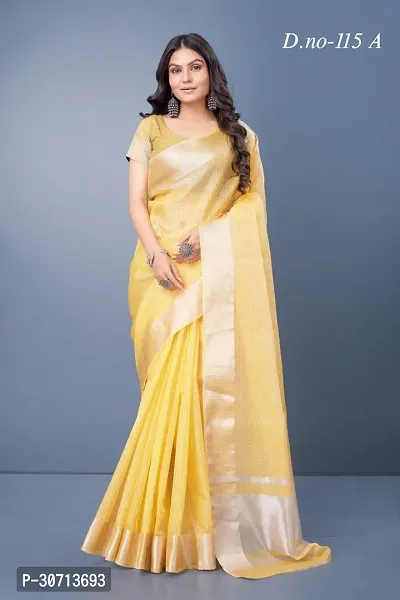 Stylish Yellow Khadi Cotton Zari Saree with Blouse piece For Women