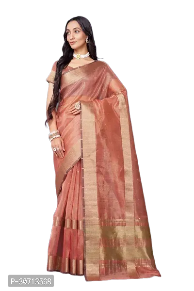 Stylish Orange Khadi Cotton Zari Saree with Blouse piece For Women-thumb0