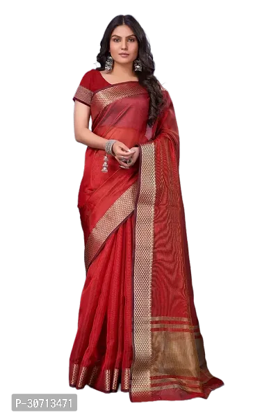 Stylish Red Khadi Cotton Zari Saree with Blouse piece For Women