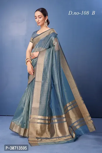 Stylish Blue Khadi Cotton Zari Saree with Blouse piece For Women