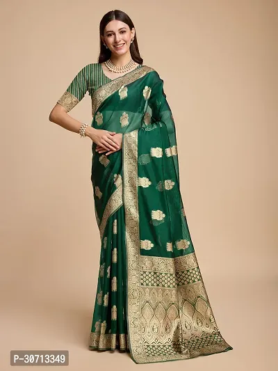 Stylish Dark Green Khadi Cotton Zari Saree with Blouse piece For Women-thumb0