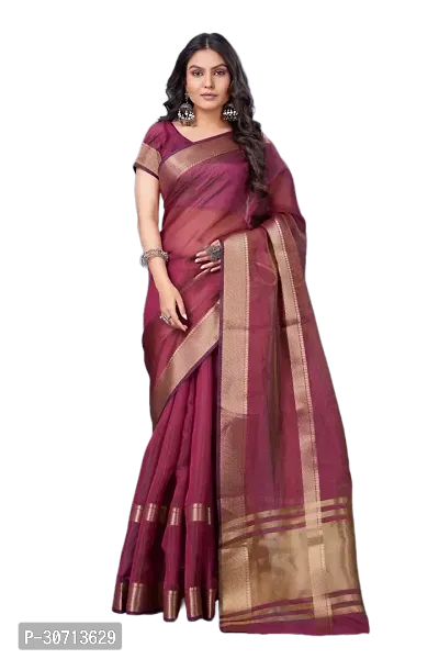 Stylish Wine Khadi Cotton Zari Saree with Blouse piece For Women-thumb0