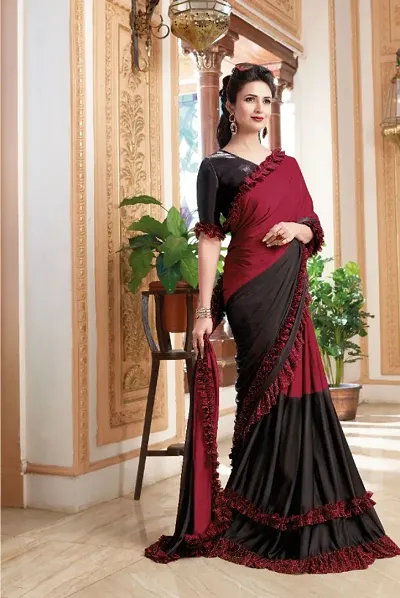 Womens Malai Silk Ruffle Sarees With Swarovski Lace Blouse Piece