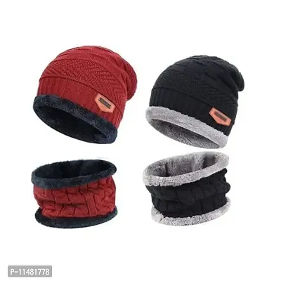Crystal Zone Snow Proof Inside Fur Wool Unisex Beanie Cap with Neck Warmer Combo (Pack of 2-thumb0