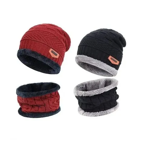 Crystal Zone Snow Proof Inside Fur Wool Unisex Beanie Cap with Neck Warmer Combo (Pack of 2