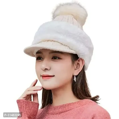 Crystal Zone Girls Full Face Cover Winter Fur Off White Neck Cover and Beanie Visor Cap Monkey Cap for Girls Ladies-thumb3