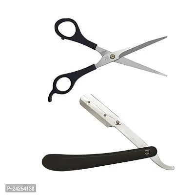 Verceys Hair Cutting Scissor For Moustache Trimming Beard Trimming And Black Razor Ustra Stainless Steel Straight Edge Barber Razor For Men