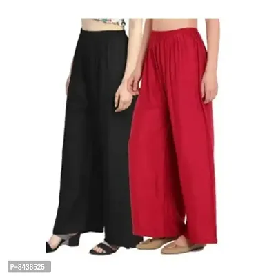 Prabha Creations Women's straight fit Rayon palazzo Pants Black & Red Free size combo pack of 2