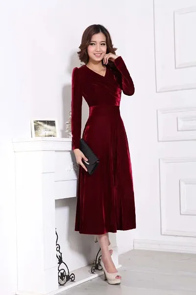 Velvet Solid V-Neck Long Sleeves Dresses For Women