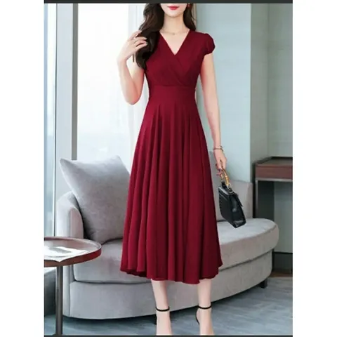 V-Neck Solid Georgette Dress For Women