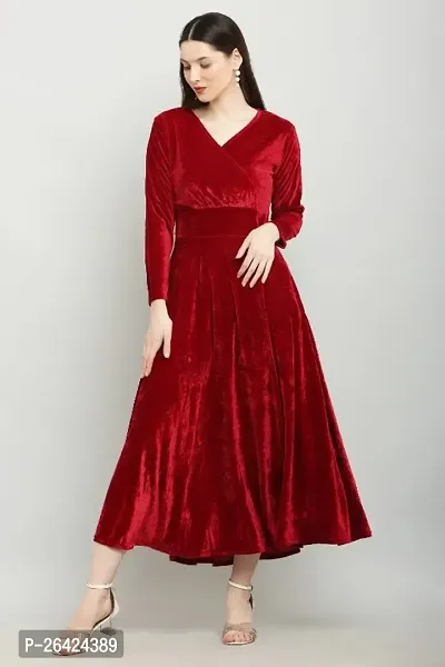 Solid Maroon Velvet V-Neck Dress - Luxurious Evening Wear for Women-thumb0