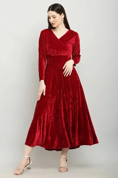 Solid Maroon Velvet V-Neck Dress - Luxurious Evening Wear for Women