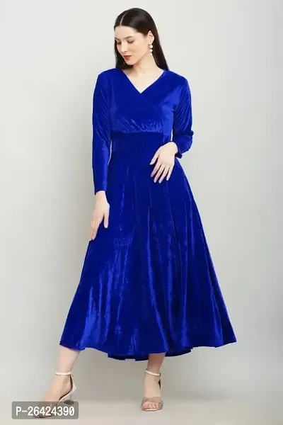 Solid Blue Velvet V-Neck Dress - Luxurious Evening Wear for Women-thumb0
