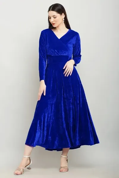 Solid Blue Velvet V-Neck Dress - Luxurious Evening Wear for Women