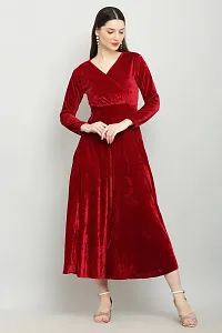 Solid Maroon Velvet V-Neck Dress - Luxurious Evening Wear for Women-thumb1