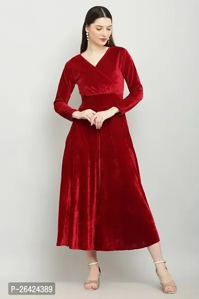 Solid Maroon Velvet V-Neck Dress - Luxurious Evening Wear for Women-thumb2