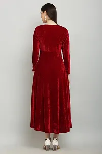 Solid Maroon Velvet V-Neck Dress - Luxurious Evening Wear for Women-thumb2