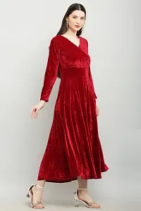 Solid Maroon Velvet V-Neck Dress - Luxurious Evening Wear for Women-thumb3