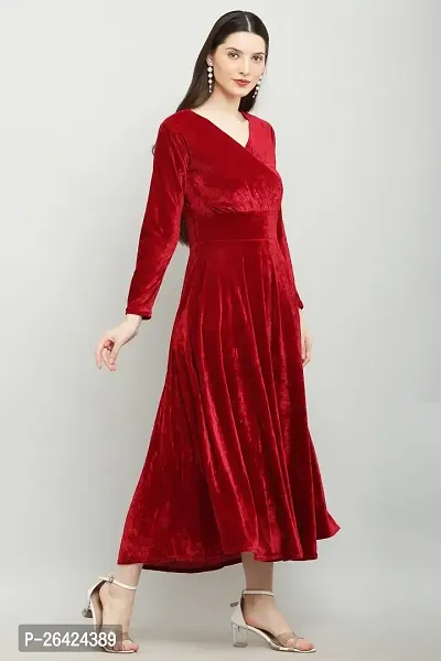 Solid Maroon Velvet V-Neck Dress - Luxurious Evening Wear for Women-thumb4