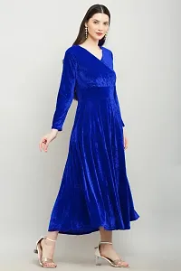 Solid Blue Velvet V-Neck Dress - Luxurious Evening Wear for Women-thumb1