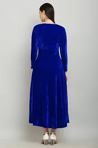 Solid Blue Velvet V-Neck Dress - Luxurious Evening Wear for Women-thumb2
