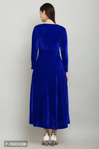 Solid Blue Velvet V-Neck Dress - Luxurious Evening Wear for Women-thumb3