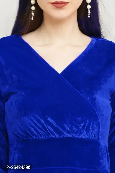 Solid Blue Velvet V-Neck Dress - Luxurious Evening Wear for Women-thumb4