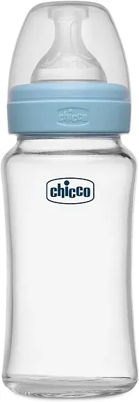 chicco Well-Being Glass Feeding Bottle (240ml, Medium Flow) (Blue)