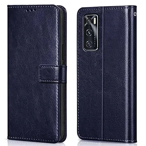 Cloudza Vivo V20 SE Flip Back Cover | PU Leather Flip Cover Wallet Case with TPU Silicone Case Back Cover for Vivo V20 SE Blue