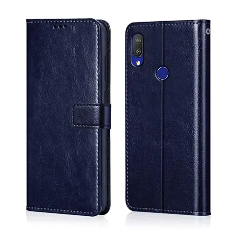 TRUESHOP Redmi 7 Case | Premium Leather Finish | with Card Pockets | Wallet Stand |Complete Protection Cover for mi 7 Blue