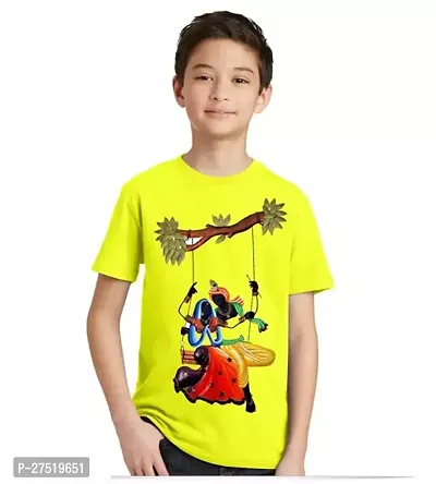Krishna Yellow Polyester Round Neck Half Sleeve Unisex Kids T Shirt