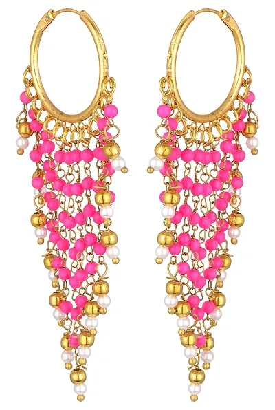 Trendy Gold Alloy Hoop Earrings with Dangling Beads