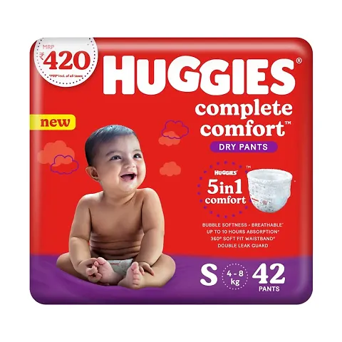 Huggies Complete Comfort Dry Pants Small (S) Size (4-8 Kgs) Baby Diaper Pants, 42 count, with 5 in 1 Comfort