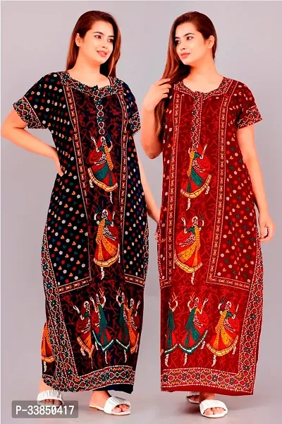 Elegant Multicolored Cotton Printed Nightdress For Women Pack Of 2-thumb0