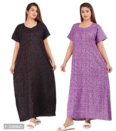 Elegant Multicolored Cotton Printed Nightdress For Women Pack Of 2-thumb0