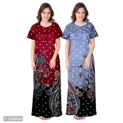 Elegant Multicolored Cotton Printed Nightdress For Women Pack Of 2-thumb0