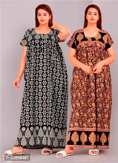 Elegant Multicolored Cotton Printed Nightdress For Women Pack Of 2-thumb0