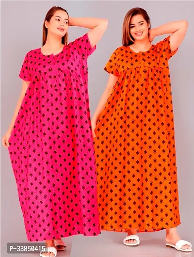 Elegant Multicolored Cotton Printed Nightdress For Women Pack Of 2-thumb0