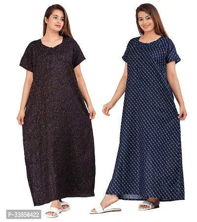 Elegant Multicolored Cotton Printed Nightdress For Women Pack Of 2-thumb0