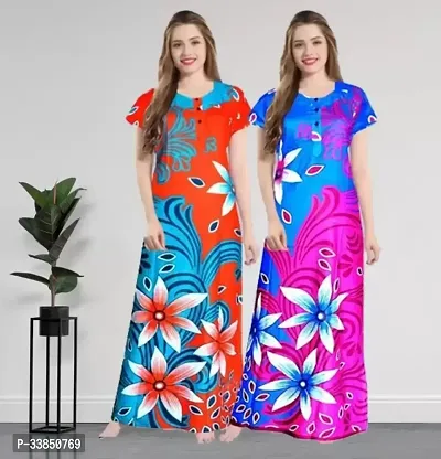 Elegant Multicoloured Cotton Printed Nighty For Women Pack Of 2-thumb2