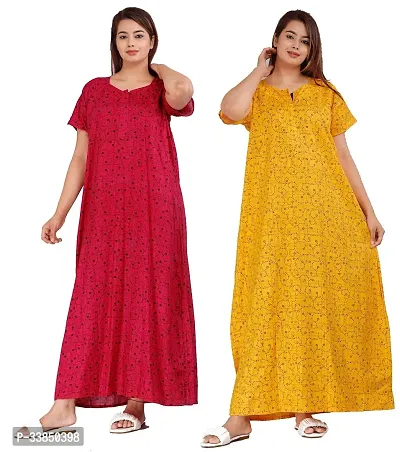 Elegant Multicolored Cotton Printed Nightdress For Women Pack Of 2-thumb0