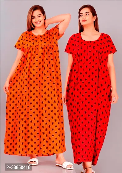 Elegant Multicolored Cotton Printed Nightdress For Women Pack Of 2-thumb0