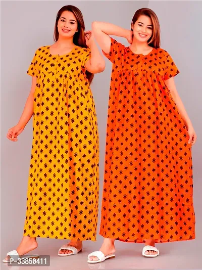 Elegant Multicolored Cotton Printed Nightdress For Women Pack Of 2-thumb0