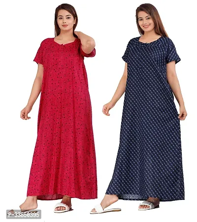 Elegant Multicolored Cotton Printed Nightdress For Women Pack Of 2-thumb0