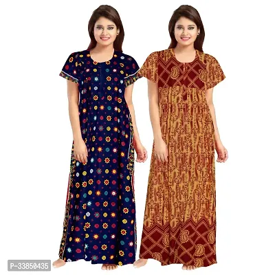 Elegant Multicolored Cotton Printed Nightdress For Women Pack Of 2-thumb0