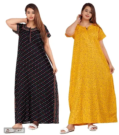 Elegant Multicolored Cotton Printed Nightdress For Women Pack Of 2-thumb0