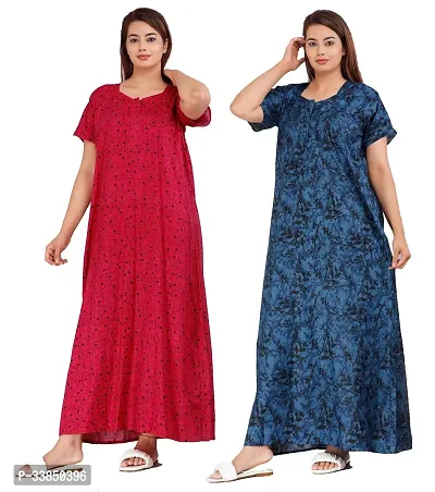 Elegant Multicolored Cotton Printed Nightdress For Women Pack Of 2-thumb0