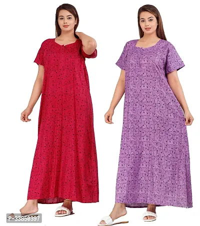 Elegant Multicolored Cotton Printed Nightdress For Women Pack Of 2-thumb0