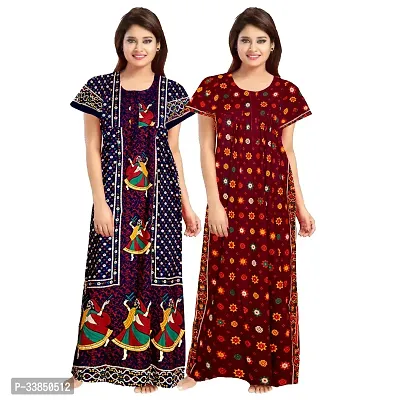 Elegant Multicolored Cotton Printed Nightdress For Women Pack Of 2-thumb0