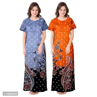 Elegant Multicolored Cotton Printed Nightdress For Women Pack Of 2-thumb0